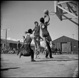 Manzanar Relocation Center, Manzanar, California. Basketball games are part of the regular schedule . . . - NARA - 536934