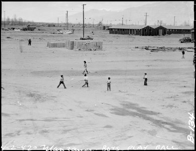 Manzanar Relocation Center, Manzanar, California. Boys start a ball game soon after their arrival a . . . - NARA - 536882