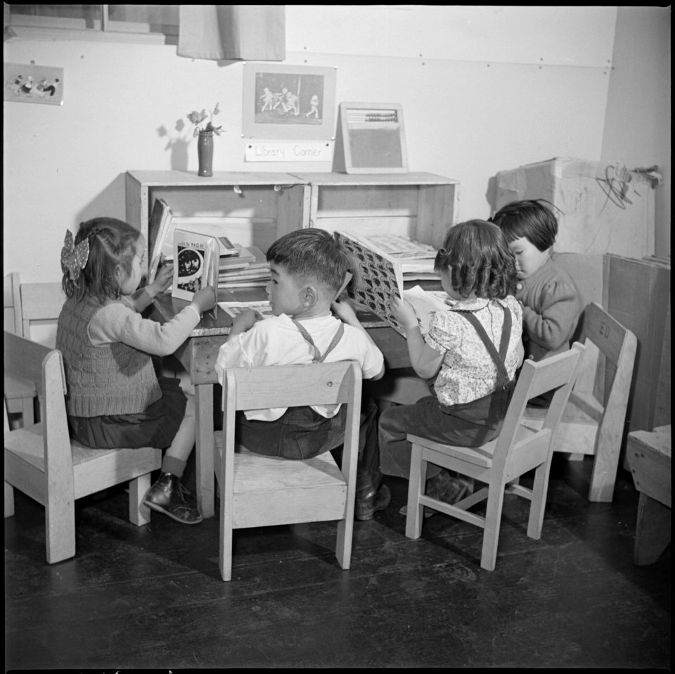 Manzanar Relocation Center, Manzanar, California. Children are taught democratic games in the nurse . . . - NARA - 536696
