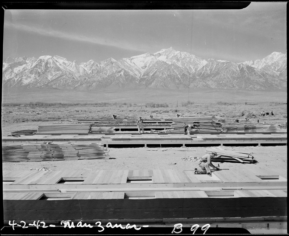 Manzanar Relocation Center, Manzanar, California. Construction begins at Manzanar, now a War Reloca . . . - NARA - 536848