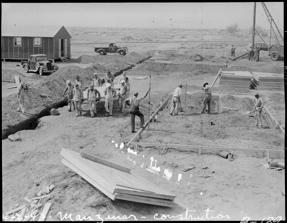 Manzanar Relocation Center, Manzanar, California. Construction begins at Manzanar, now a War Reloca . . . - NARA - 536887