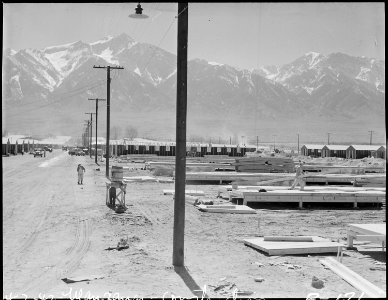 Manzanar Relocation Center, Manzanar, California. Construction begins at Manzanar, now a War Reloca . . . - NARA - 536869 photo