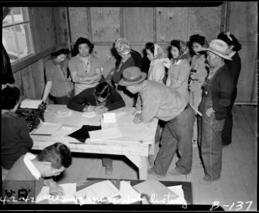 Manzanar Relocation Center, Manzanar, California. Evacuees of Japanese ancestry signing up for work . . . - NARA - 536885