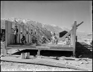 Manzanar Relocation Center, Manzanar, California. Construction quarters for evacuees of Japanese an . . . - NARA - 536845