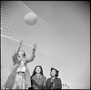Manzanar Relocation Center, Manzanar, California. Girls from the sixth grade spend recess time in a . . . - NARA - 536701