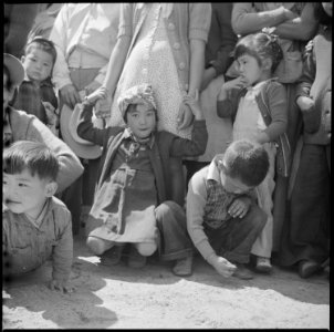 Manzanar Relocation Center, Manzanar, California. Evacuees of Japanese ancestry watching Memorial D . . . - NARA - 538541