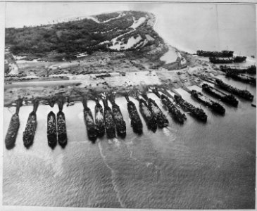 LST's pouring army equipment ashore on Leyte Islands in the Philippines. - NARA - 520653