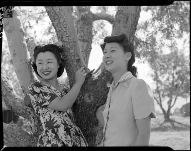 Manzanar Relocation Center, Manzanar, California. Florence Yamaguchi (left), and Kinu Hirashima, bo . . . - NARA - 538515