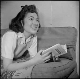 Manzanar Relocation Center, Manzanar, California. Lucy Yonemitshu, former student from Los Angeles, . . . - NARA - 536924