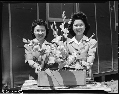 Manzanar Relocation Center, Manzanar, California. Nancy Kawashima (left), and Emiko Hino, both from . . . - NARA - 538517