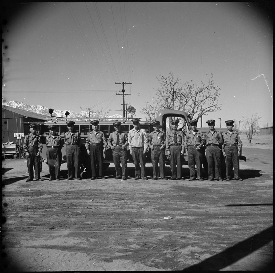 Manzanar Relocation Center, Manzanar, California. Members of the Manzanar Fire Department are shown . . . - NARA - 536946