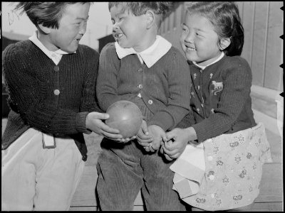 Manzanar Relocation Center, Manzanar, California. Little girls of Japanese descent at nursery schoo . . . - NARA - 538488