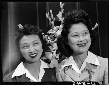 Manzanar Relocation Center, Manzanar, California. Nancy Kawashima (left), and Emiko Hino, both from . . . - NARA - 538516