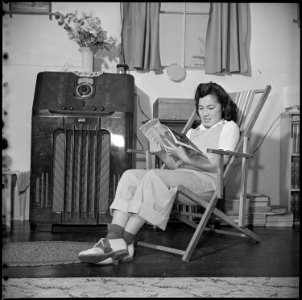 Manzanar Relocation Center, Manzanar, California. Lucy Yonemitshu, former student from Los Angeles, . . . - NARA - 536922