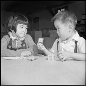 Manzanar Relocation Center, Manzanar, California. Play time in the third grade class at the student . . . - NARA - 536693