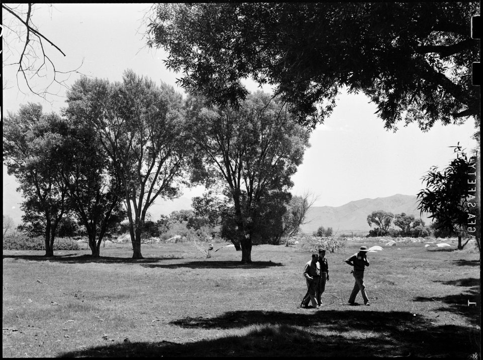 Manzanar Relocation Center, Manzanar, California. Three engineers inspect the proposed site for the . . . - NARA - 538533