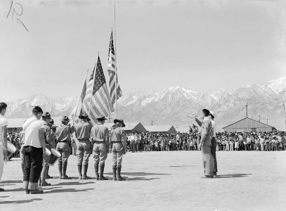 Manzanar Relocation Center, Manzanar, California. Taps at Memorial Day services at Manzanar, a War . . . - NARA - 538508