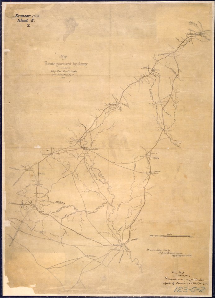 Map of Route (from Little Rock to Camden via Arkadelphia, and return) pursued by Army commanded by Maj. Gen. Fredk.... - NARA - 305760