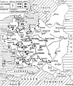 Mapka przedstawiająca miejsca ataków lotnictwa niemieckiego w czasie kampanii wrześniowej (2-84)