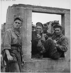 Marines pause at Agat during lull in battle for recapture of Guam. - NARA - 520970