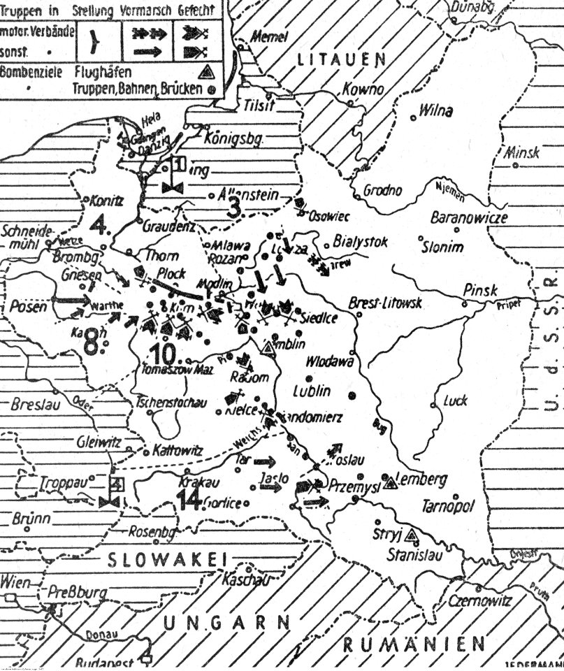 Mapka przedstawiająca miejsca ataków lotnictwa niemieckiego w czasie kampanii wrześniowej (2-85)