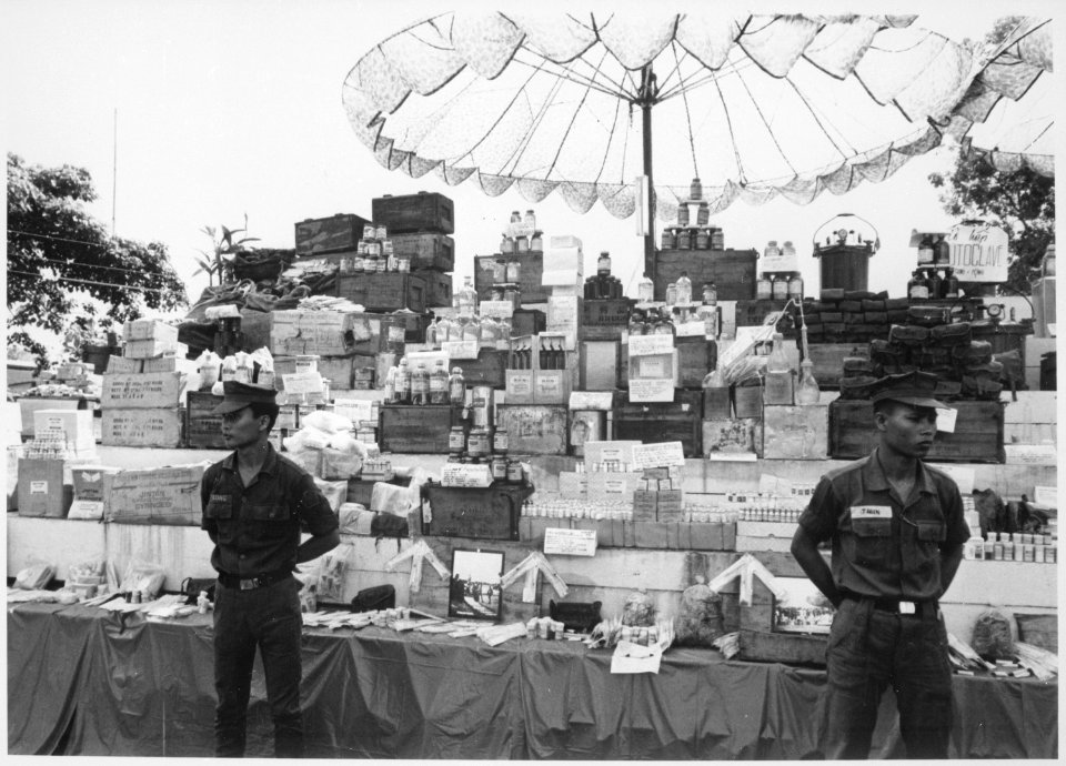 Medical supplies by the ton, captured in Cambodia, include penicillin, bandages, vitamins and anti-malaria pills., ca. 1 - NARA - 541857