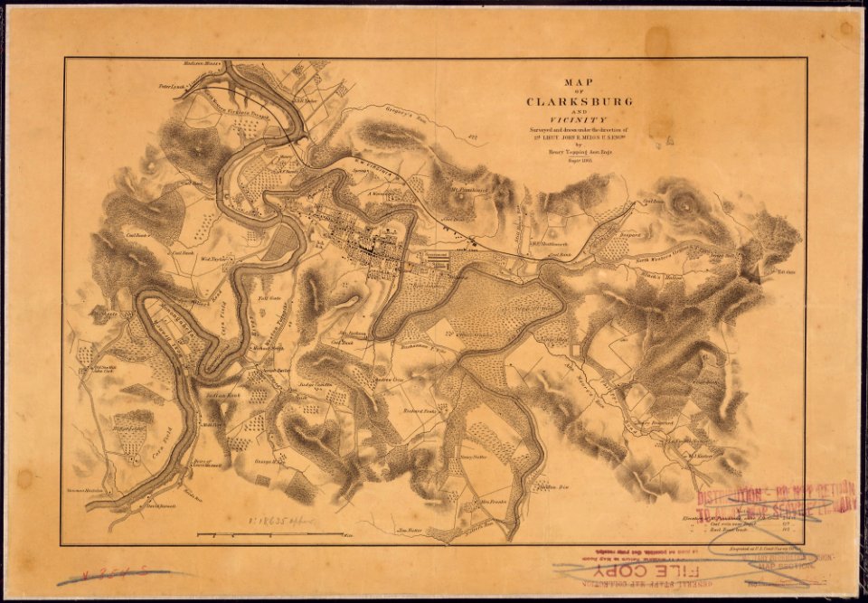 Map of Clarksburg and vicinity. Surveyed and drawn under the direction of 1st Lieut. John R. Meigs, U. S. Engrs., by... - NARA - 305809