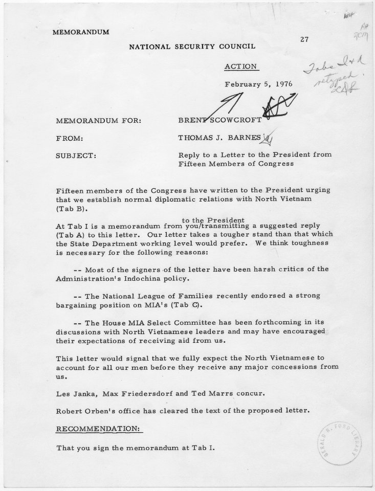 Memorandim from National Security Council staff member Thomas J. Barnes to Deputy National Security Adviser Brent... - NARA - 186696