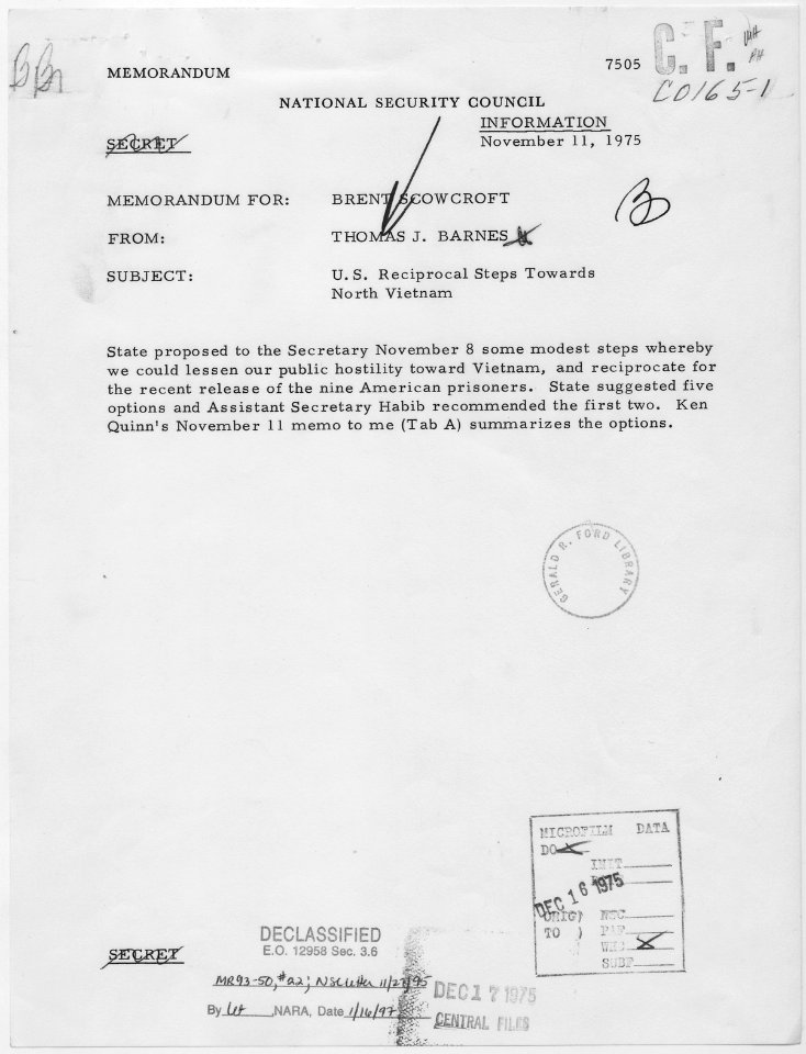 Memorandum from National Security Council staff member Thomas J. Barnes to Deputy National Security Adviser Brent... - NARA - 186693