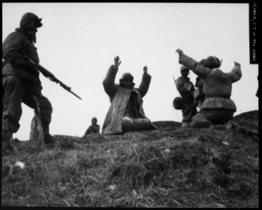 Men of the 1st Marine Division capture Chinese Communists during fighting on the central Korean front. Hoengsong... - NARA - 532414