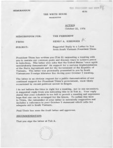 Memorandum from Secretary of State Henry Kissinger to President Gerald R. Ford concerning a suggested reply to a... - NARA - 186700 photo