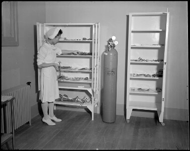 Minidoka Relocation Center, Hunt, Idaho. Hospital Series. Operating room showing instruments. - NARA - 536599