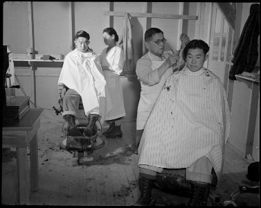 Minidoka Relocation Center. Barber shop - NARA - 536565