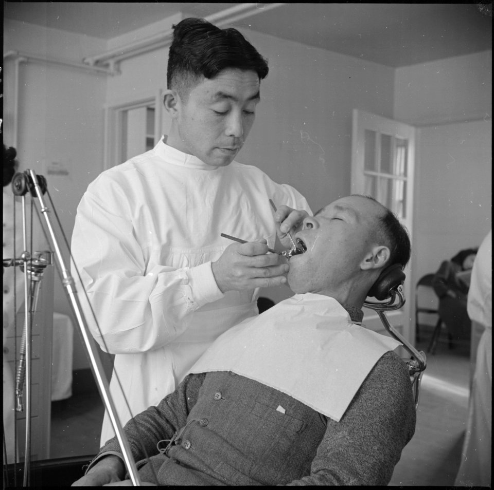 Minidoka Relocation Center. Dentist, Doctor T. Nakamura. Hospital Series. Dental Laboratory. - NARA - 536552