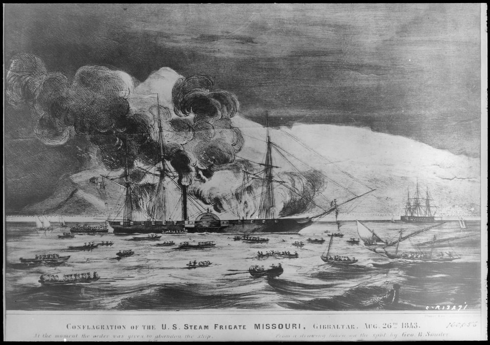 Missouri, starboard side, burning at Gibraltar Aug. 26, 1843, 08-26-1843 - NARA - 512997