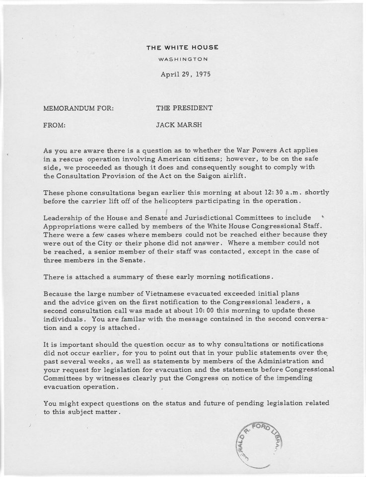 Memorandum from Jack (John) Marsh, Counsellor to the President, to President Gerald R. Ford Concerning Consultation... - NARA - 186719