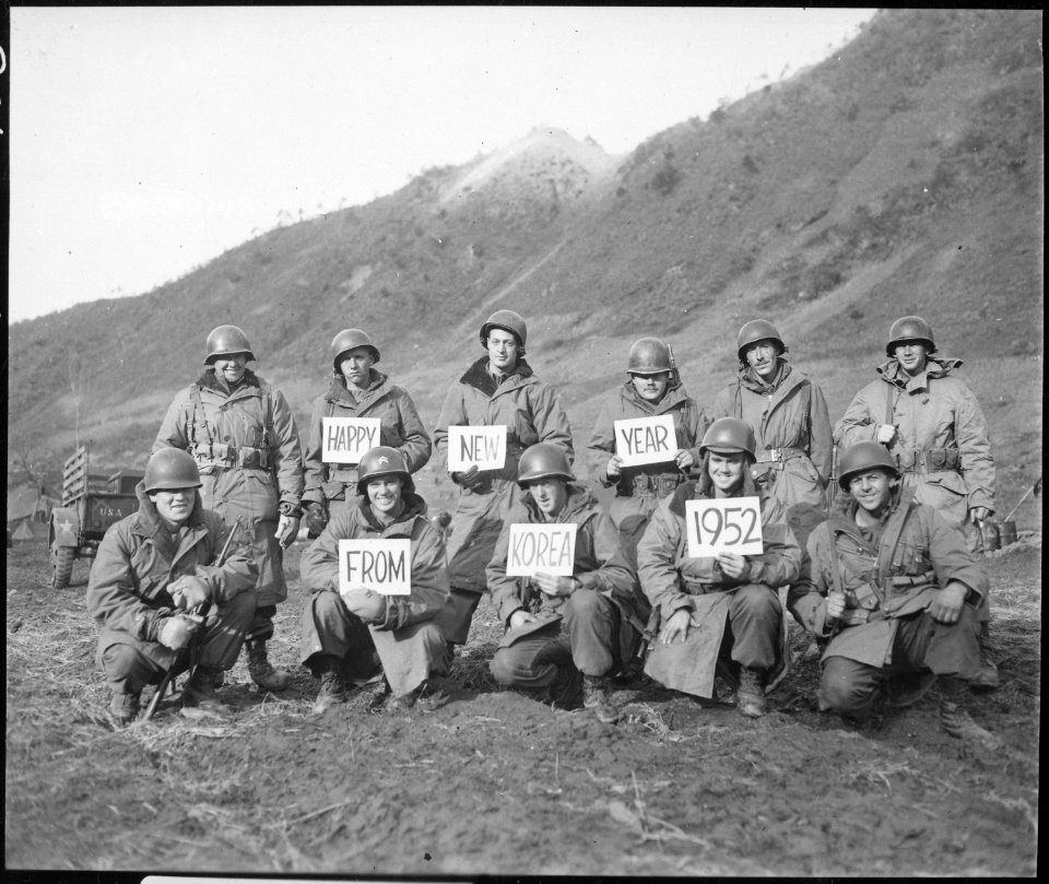 Missouri infantrymen with the 19th Infantry Regiment along the Kumsong front wish Happy New Year to the stateside folks. - NARA - 531422