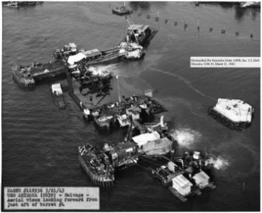 NAPSPH^ 118536 USS Arizona (BB39)- Salvage Aerial views looking forward from just aft of turret ^4 - NARA - 296931
