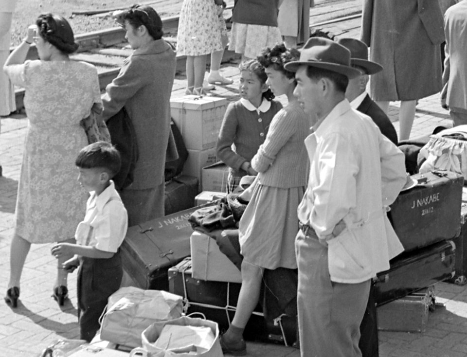 Nakabe family on October 1945 and baggage J Nakabe 28612 detail, Granada Relocation Center, Amache, Colorado. Last of the residents of the Amache Relocation Center . . . - NARA - 539938 (cropped)