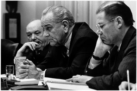 Moods, Dean Rusk, President Lyndon B. Johnson and Secretary of Defense Robert McNamara in Cabinet Room meeting - NARA - 192613