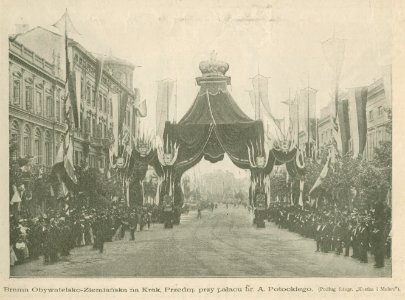 Najjaśniejsi Państwo w Warszawie Brama Obywatelsko-Ziemiańska na Krak. Przedm. przy pałacu hr. A. Potockiego Podług fotogr. Kostka i Mulert (79476)
