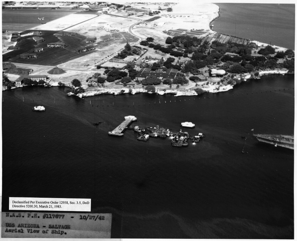 NAS PH ^117677- 10-27-42, USS Arizona- Salvage- Aerial view of ship - NARA - 296947