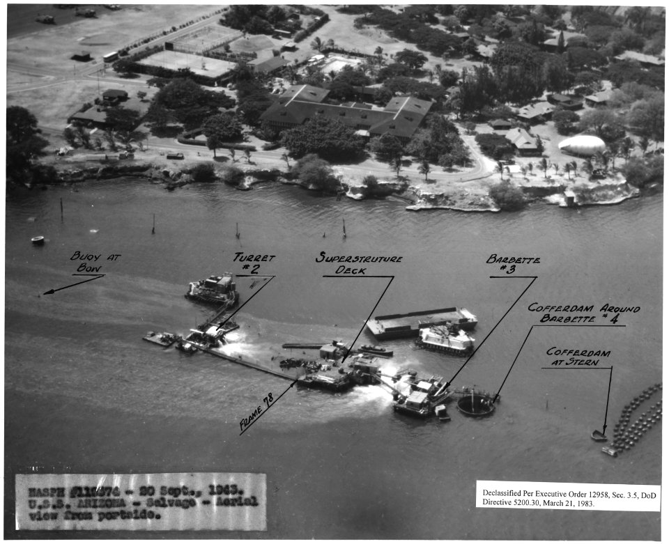 NASPH ^119574- 20 Sept 1943, USS Arizona- Salvage- Aerial view from portside - NARA - 296942
