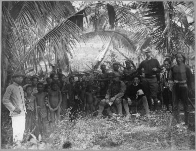 Native Moros, Taluk Samgay, Zamboanga Province, Mindanao. Governor Captain Finley in the center., 1900 - NARA - 530695 photo