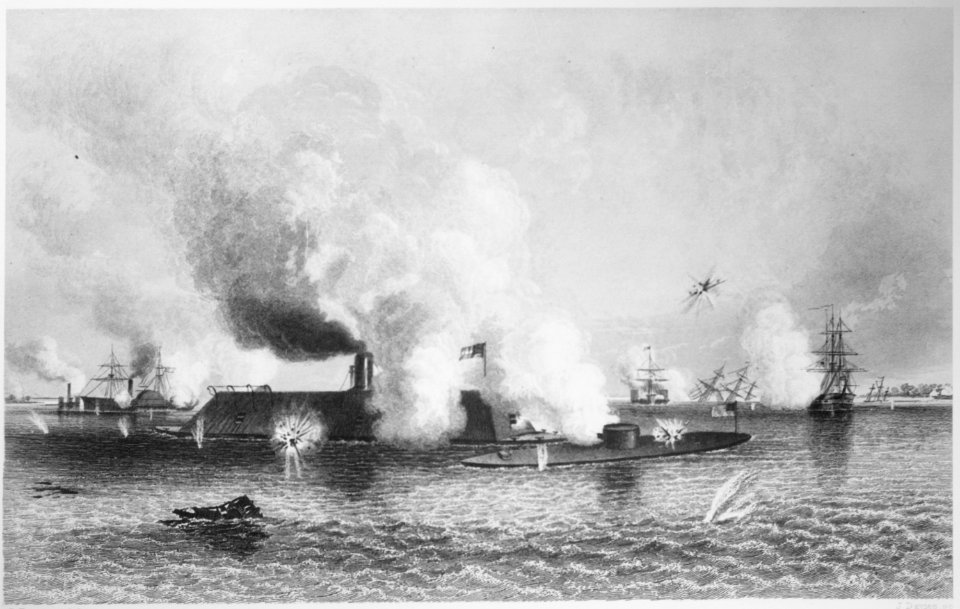 Naval Engagement in Hampton Roads. Merrimac and Monitor. March 1862. Copy of print by J. Davies after C. Parsons, 1863., - NARA - 518105