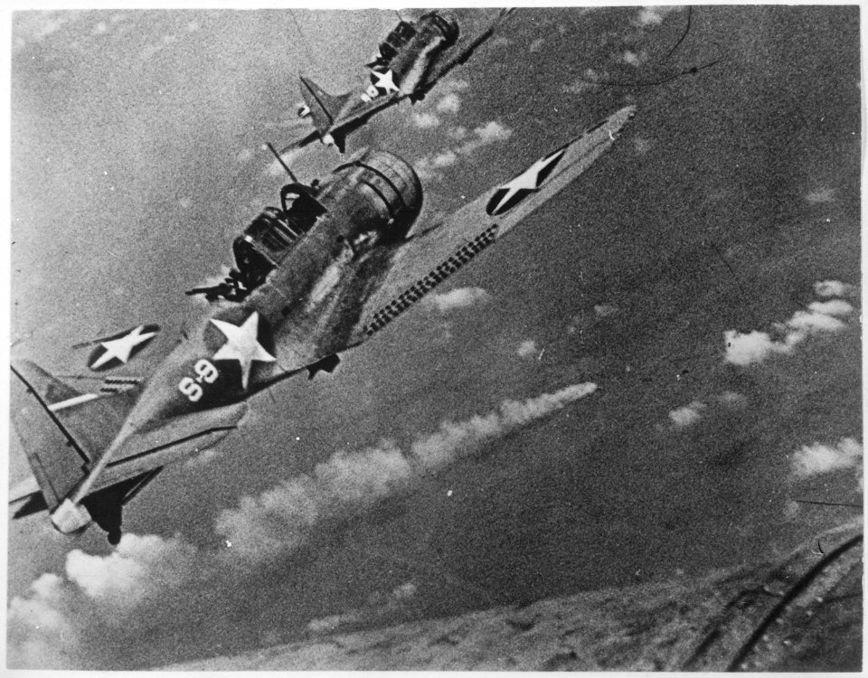 Navy fighters during the attack on the Japanese fleet off Midway, June 4th to 6th 1942. In the center is visible a... - NARA - 520591