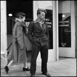 Oakland, California. Lockheed Testing Program. Standing outside the Oakland office of the State Department of... - NARA - 532193 photo