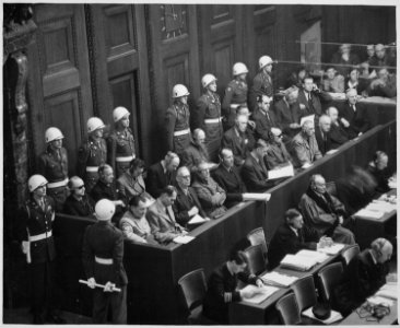 Nuremberg Trials. Looking down on defendants dock, circa 1945-1946. - NARA - 540127