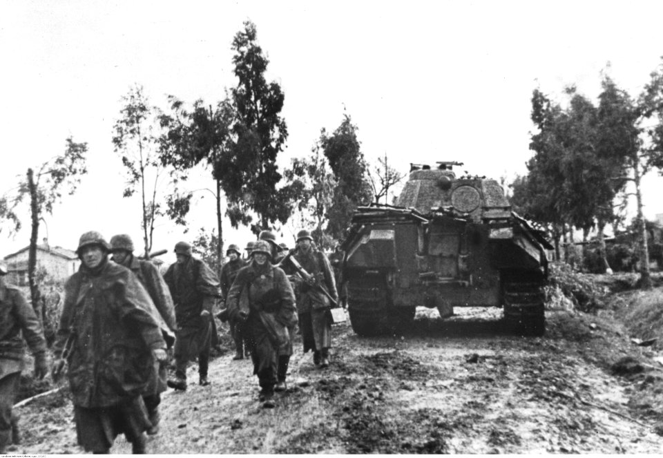 Niemieccy piechurzy w marszu pod osłoną czołgów na froncie pod Nettuno - Anzio (2-2180)