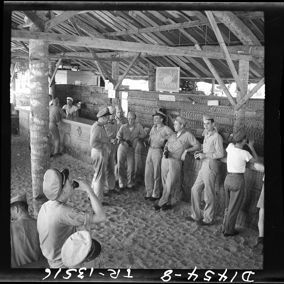 Officers on Mogmog Island. Pilots on liberty at the bar - NARA - 520728